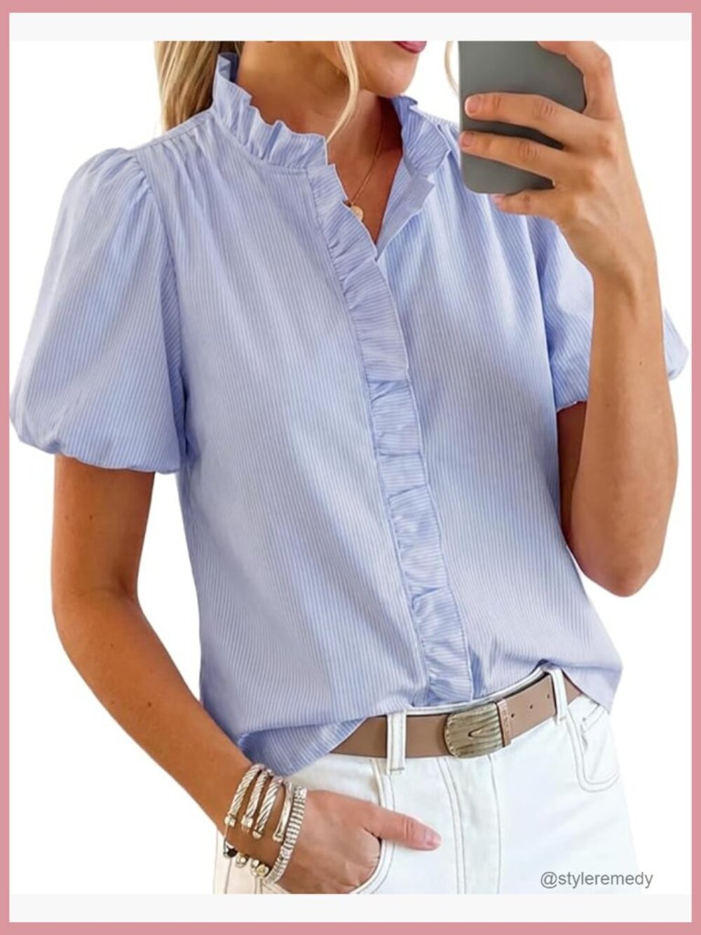 Short Puff Sleeve Button Down Shirt Striped Ruffle Stand Collar Blouse Business